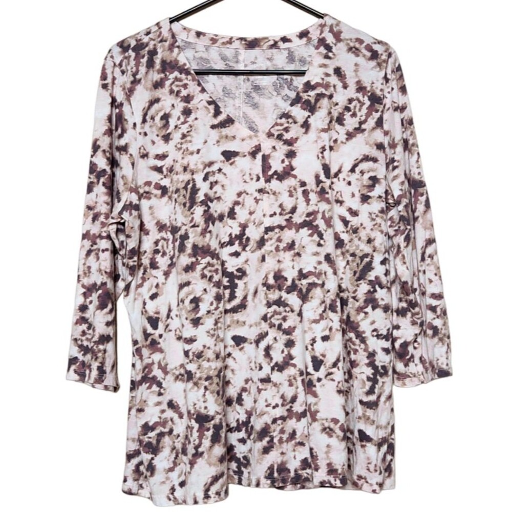 Pure J Jill Womens L Printed V-Neck Tee 100% Cotton Shirt 3/4 Sleeve